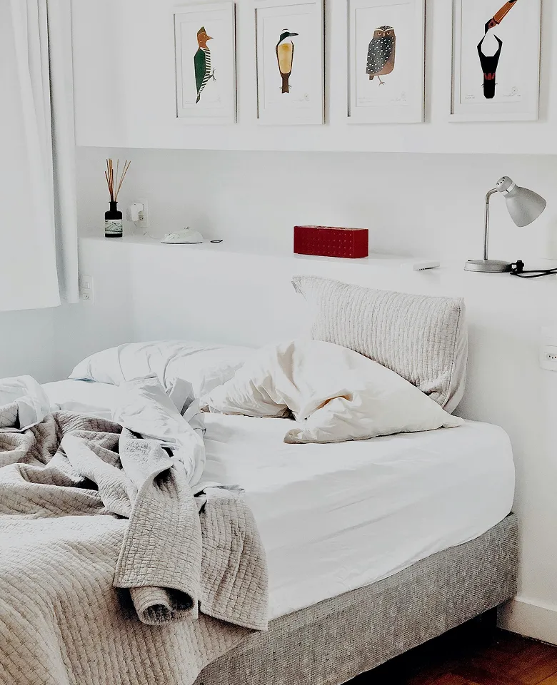 Cozy unmade bed with rumpled linens, bird art on wall, and bedside lamp