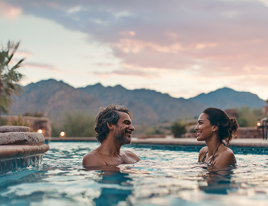 Smiling couple relaxing in an outdoor pool at sunset with mountain view in the background