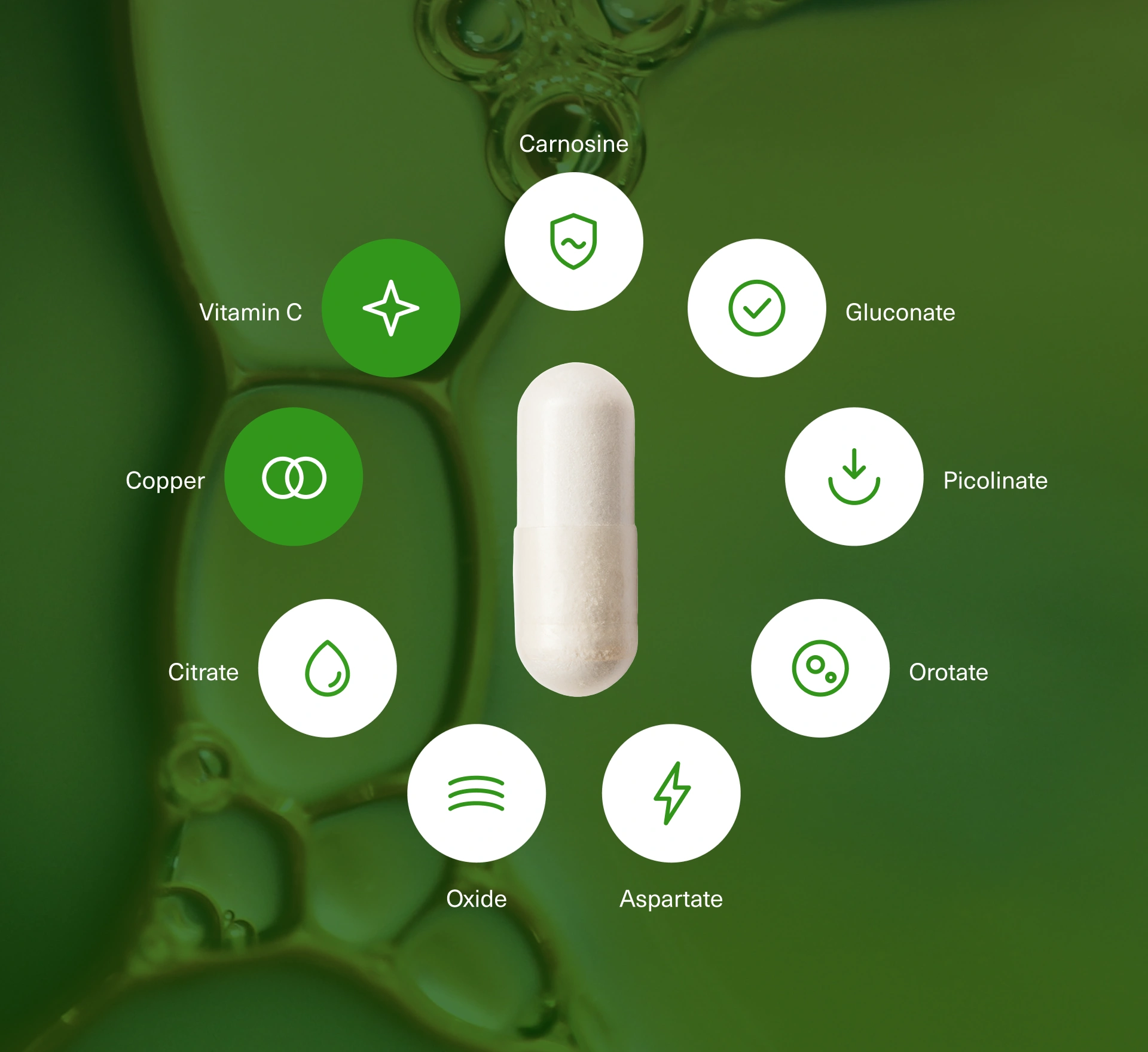 Zinc Breakthrough capsule surrounded by 7 zinc forms, copper, and vitamin C