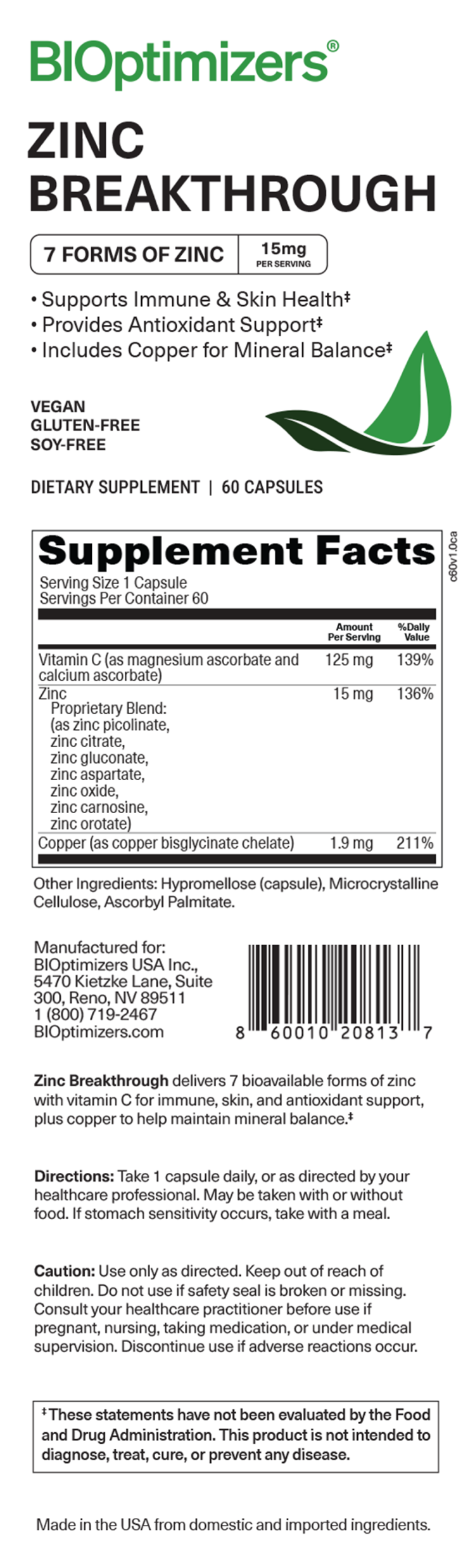 Zinc Breakthrough — full product label