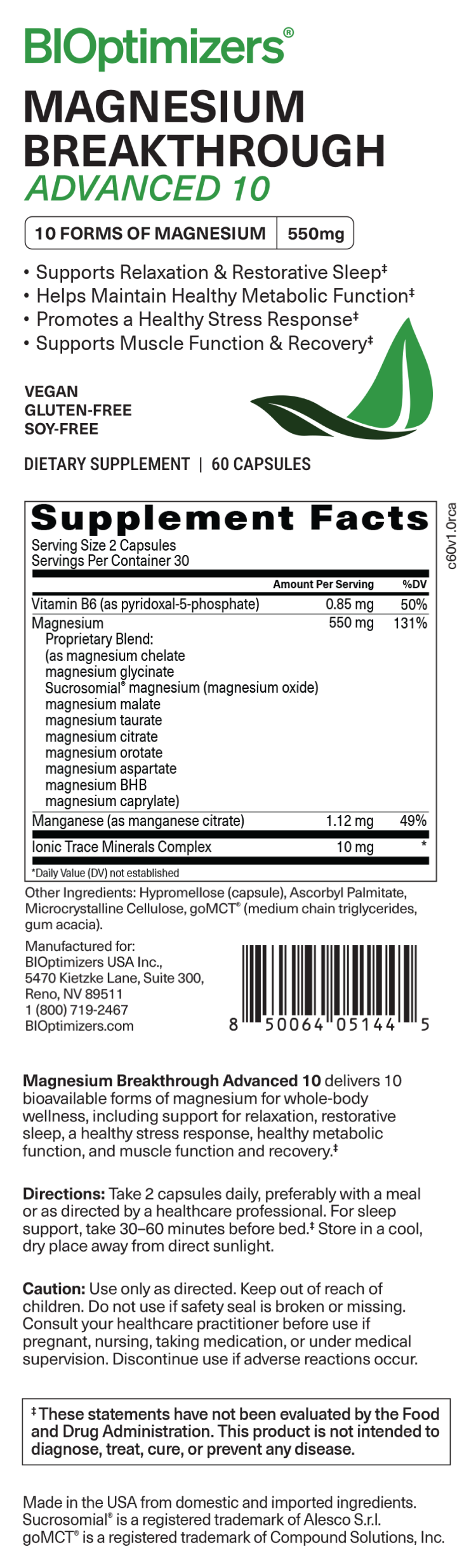 Magnesium Breakthrough Advanced 10 — full product label