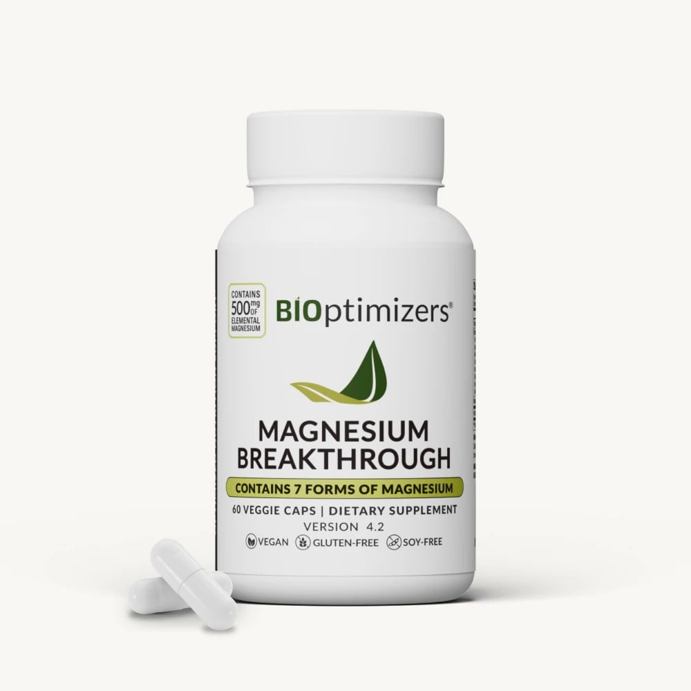 BiOptimizers Magnesium Breakthrough capsule bottle with all 7 forms of magnesium